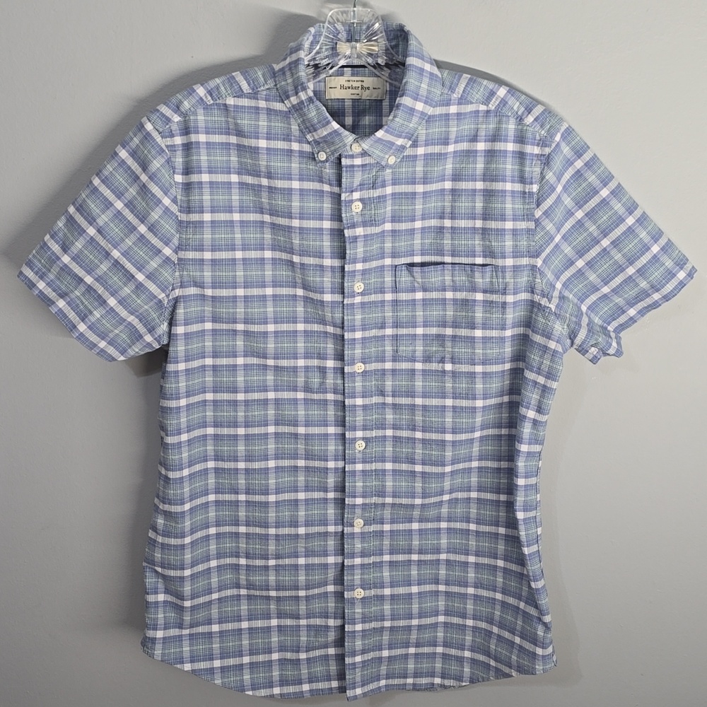 Hawker Rye Shirt Men's Sz Medium Slim Blue Mint Casual Button Down Short Sleeve